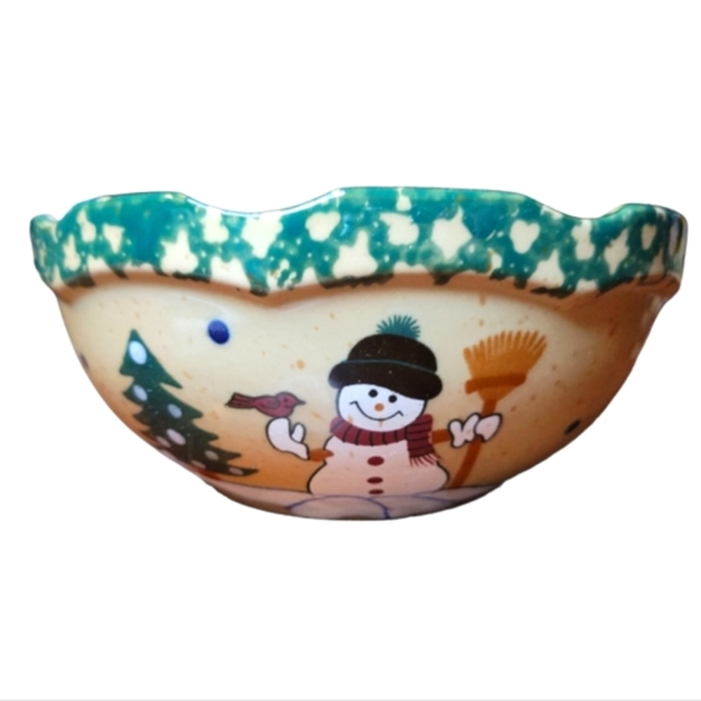 Vtg Country Snowman Stoneware Set Of 3 Bowls